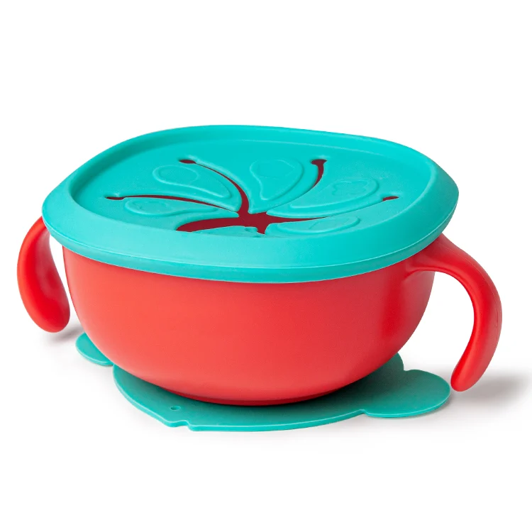 Red baby bowl with two handles and detachable silicone lid