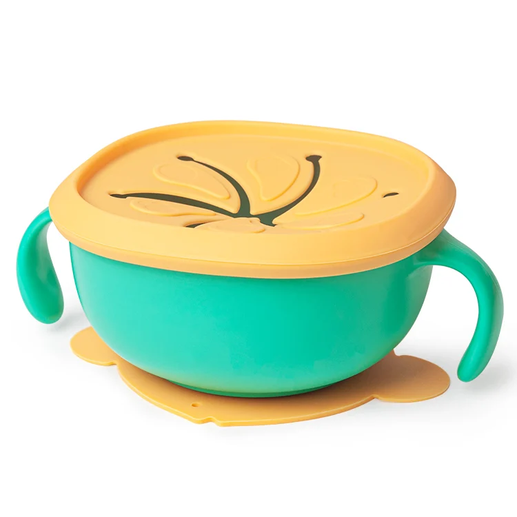 Green baby bowl with the lid removed, showing the straw and anti-choke filter