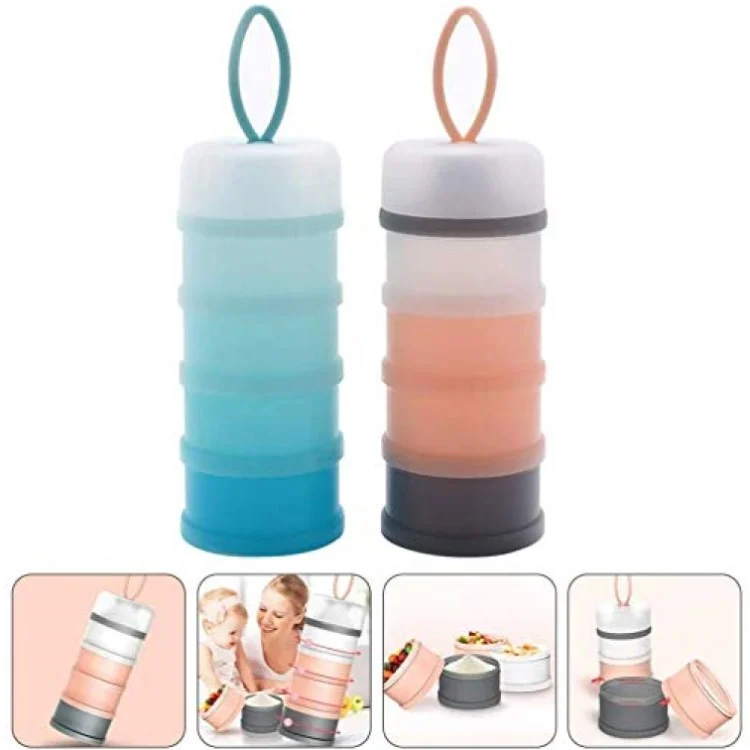Four-compartment plastic baby formula dispenser in white, standing upright with lid closed