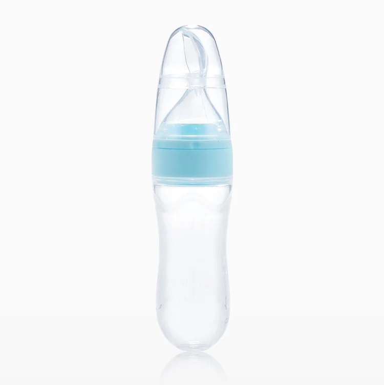 Yellow 90ml silicone squeeze feeder with spoon and cap removed