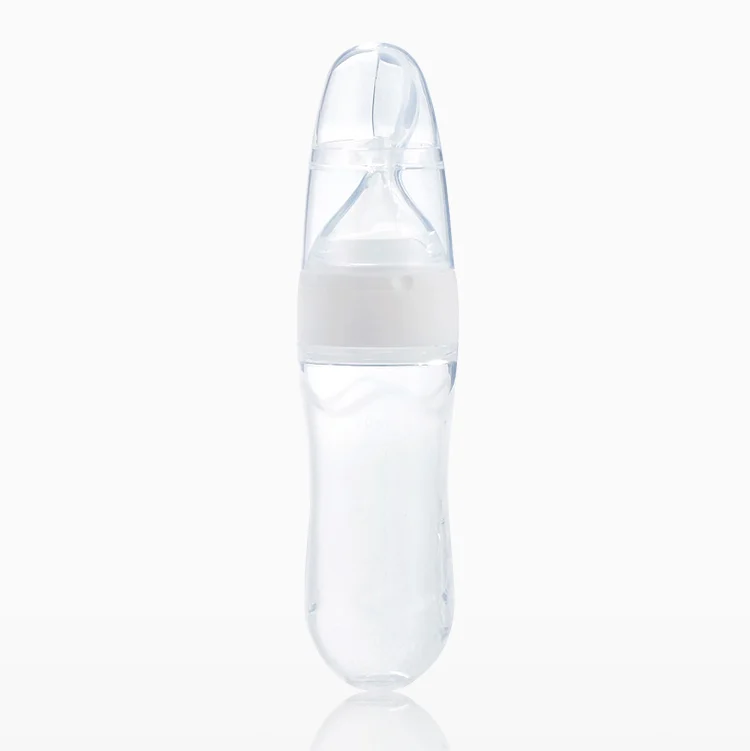 Side view of the 90ml silicone squeeze feeder showing the flexible body