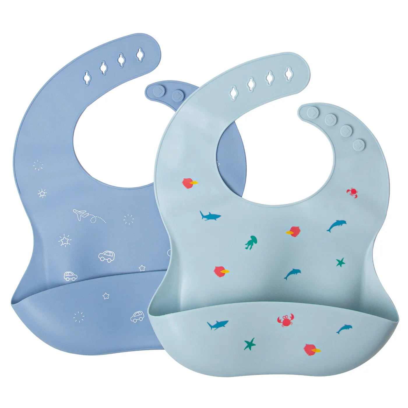 Blue silicone baby bib with food catcher pocket, side view