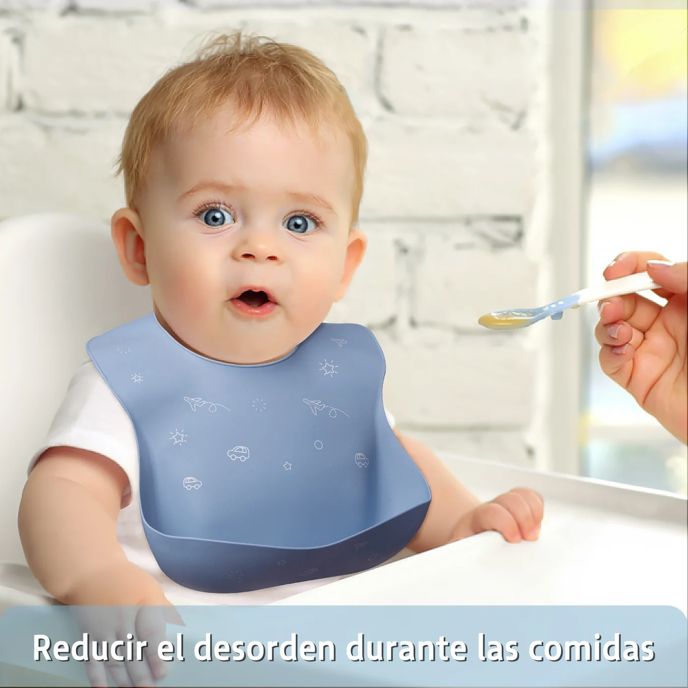 Blue silicone baby bib with food catcher pocket, open pocket showing size
