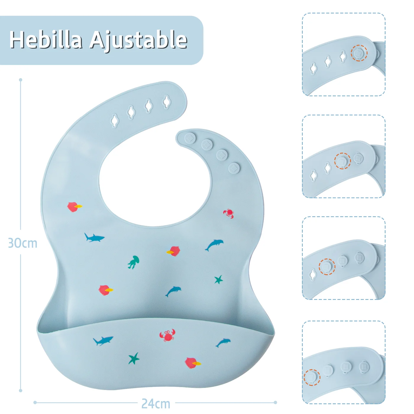 Pink silicone baby bib with food catcher pocket, rolled up for storage