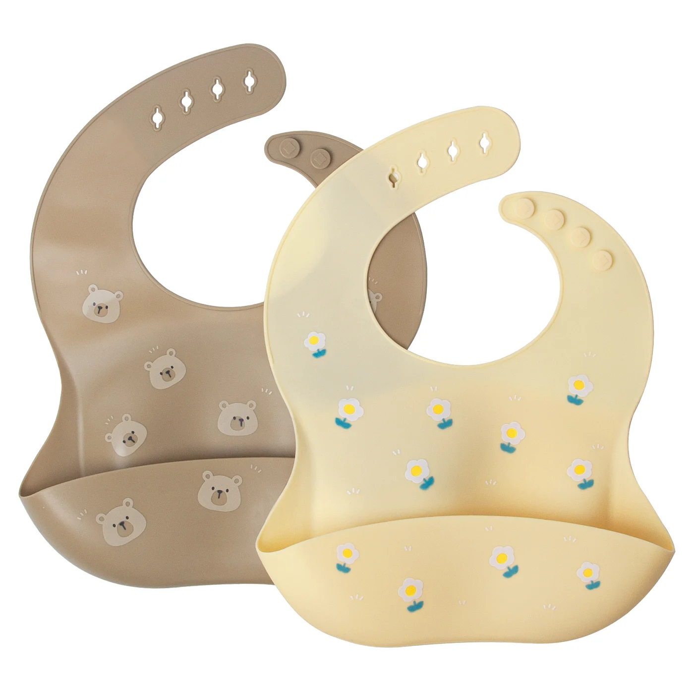 Brown silicone baby bib with food catcher pocket, front view