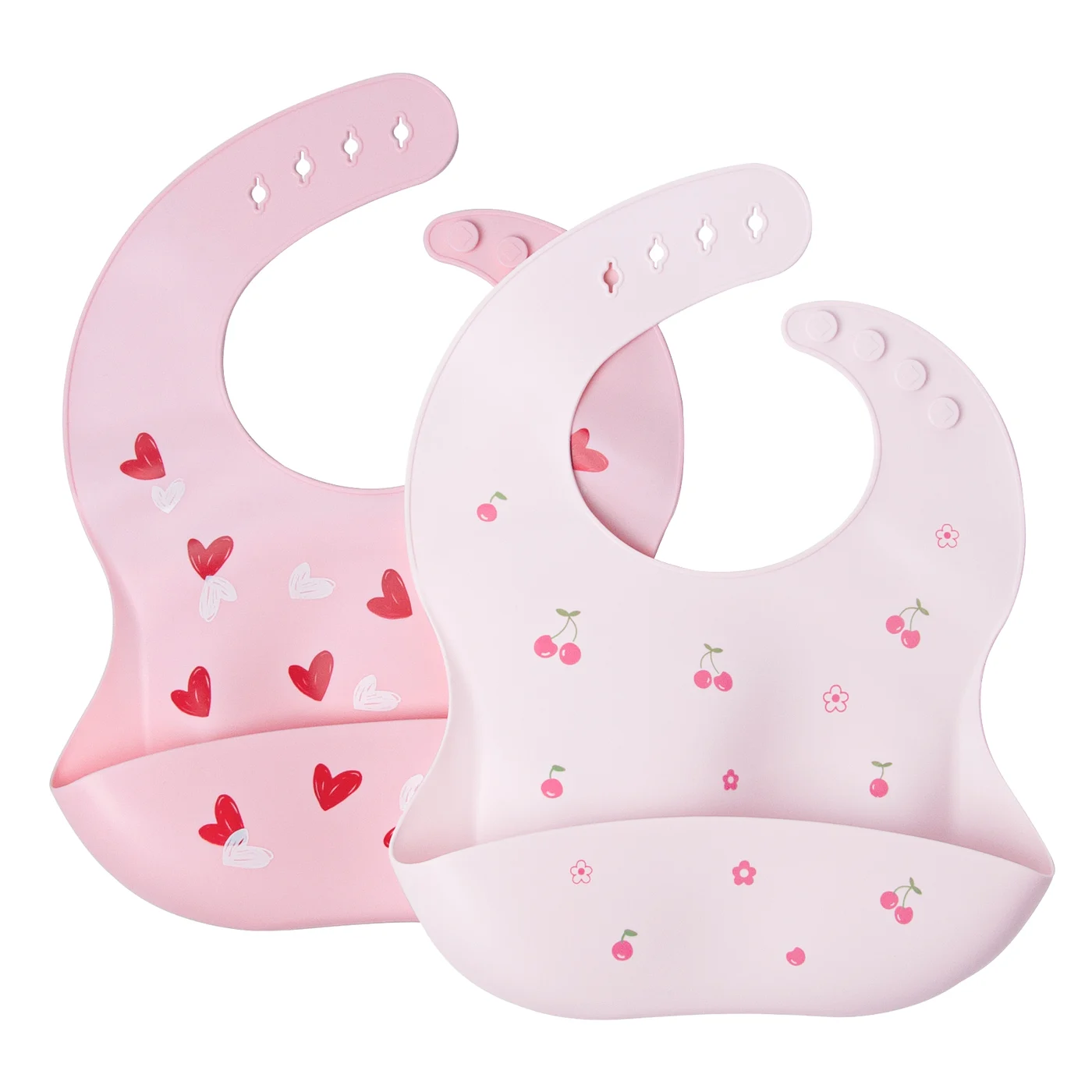 Pink silicone baby bib with food catcher pocket, front view