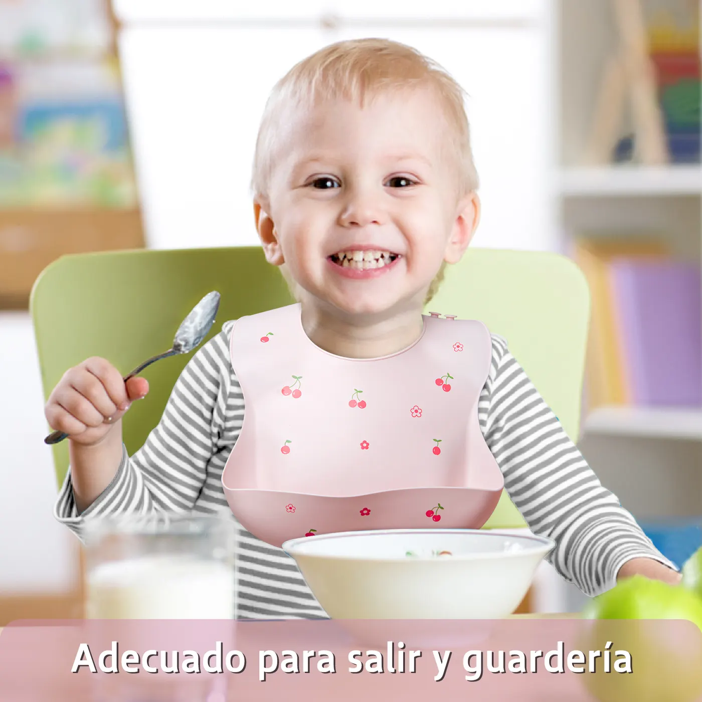 Blue silicone baby bib with food catcher pocket, close-up of adjustable buttons