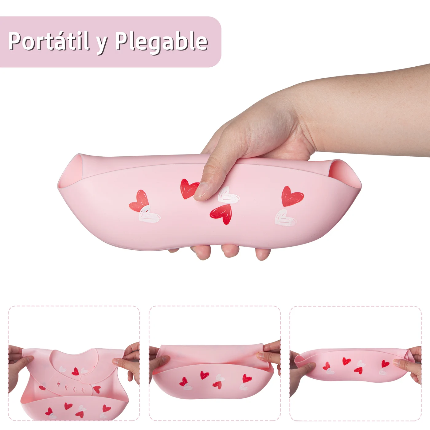 Pink silicone baby bib with food catcher pocket, showing the soft shoulder straps