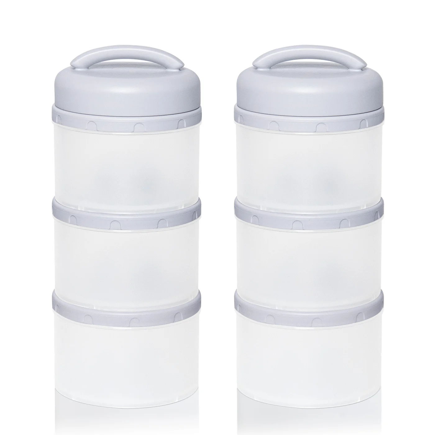 Gray 2-pack stackable baby milk powder container with six apple-shaped cups and handles