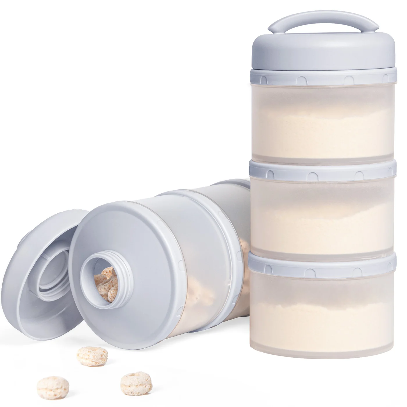 Gray stackable cups stacked together, showing interlocking design
