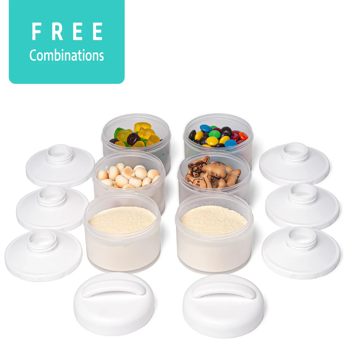 White 2-pack stackable baby milk powder container with six apple-shaped cups
