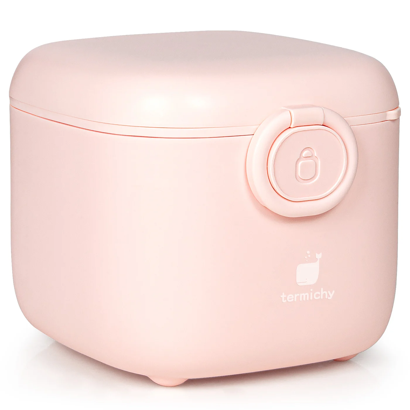 Pink 400g formula dispenser container with handle and closed lid