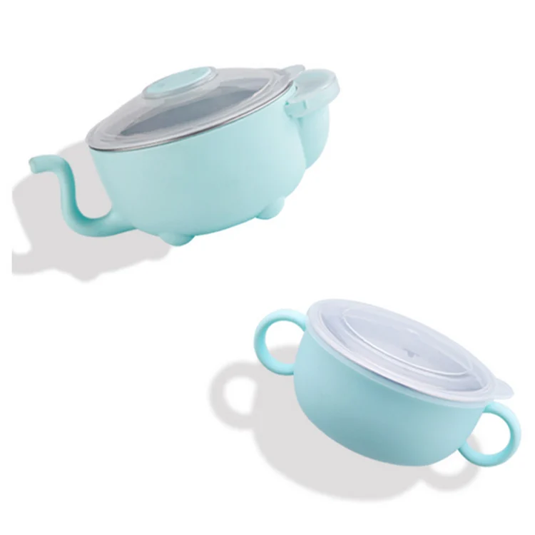 Stainless steel bowl with suction base placed on a flat surface