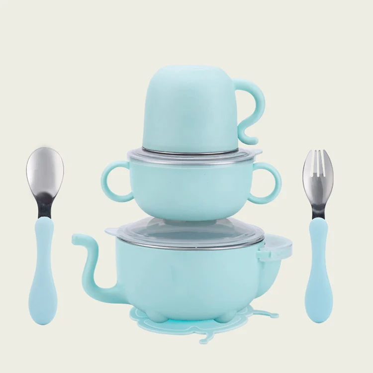 6-piece baby tableware set with stainless steel bowl, lid, fork, spoon, cup, and suction base