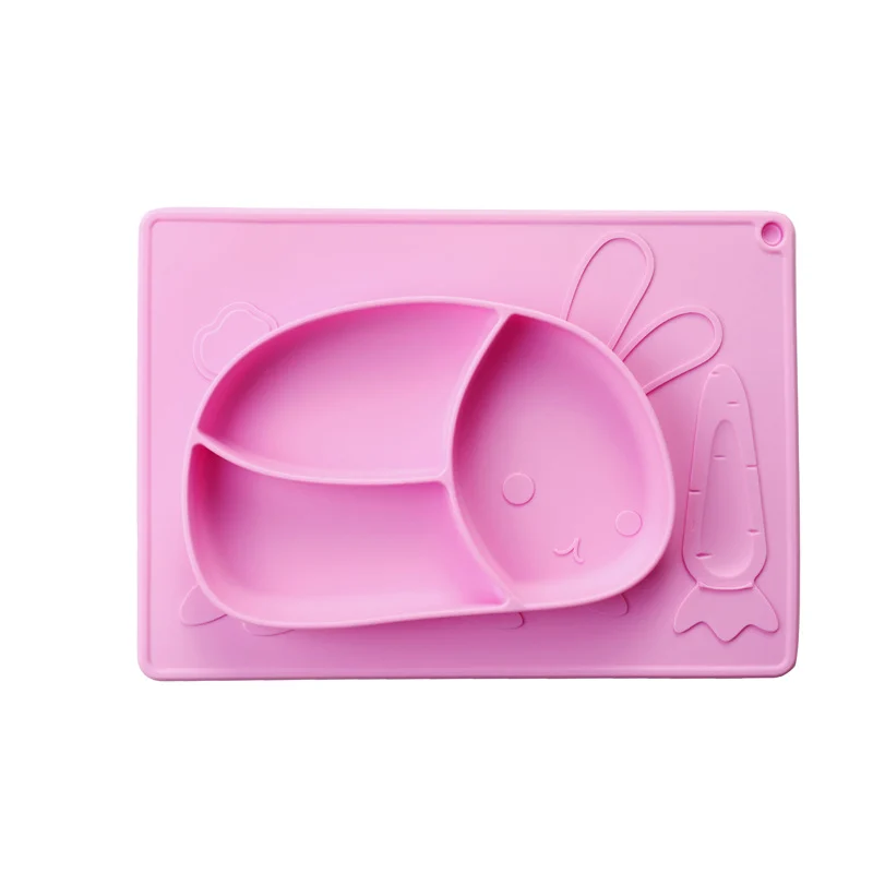 Green silicone plate with bunny design, showing the suction base and raised edges