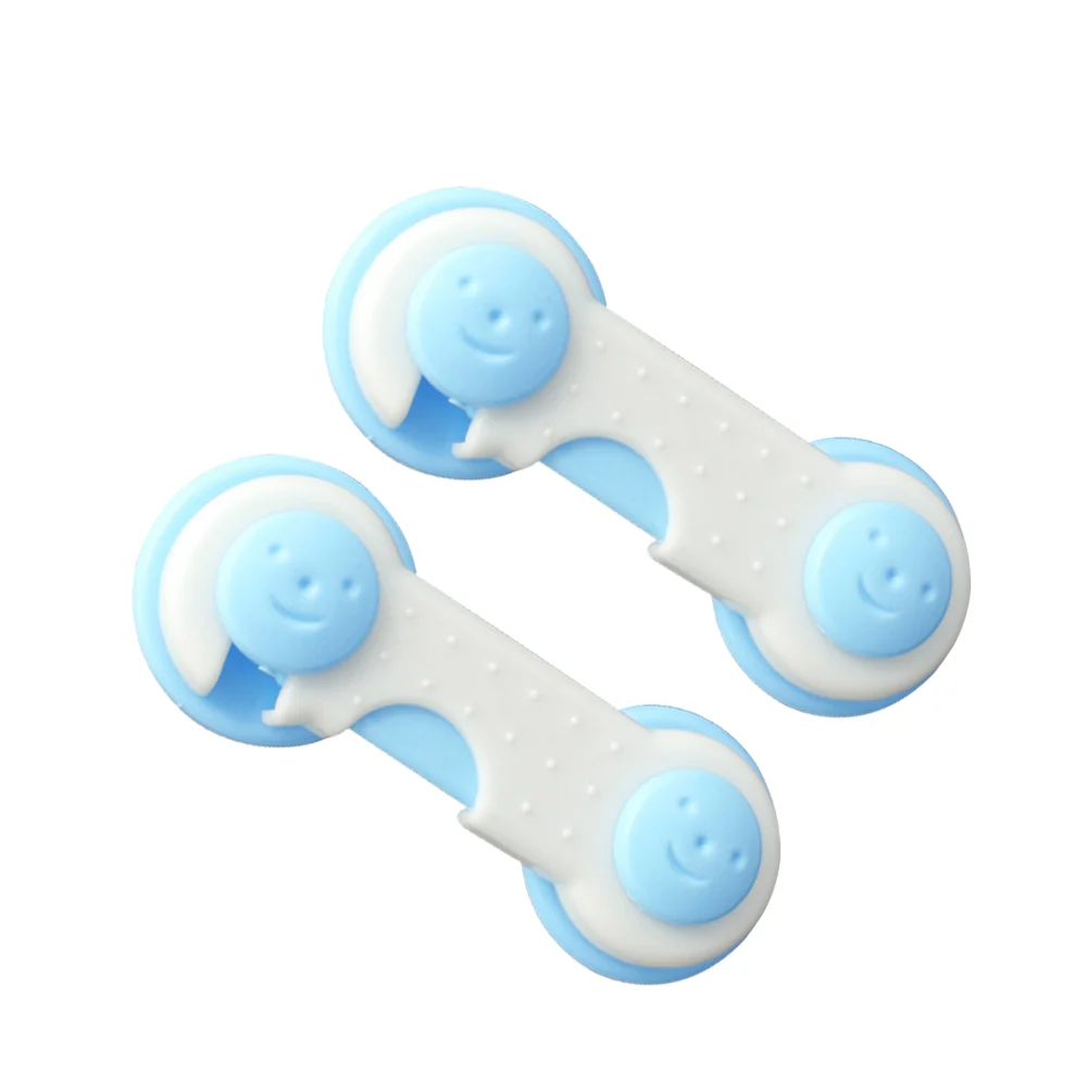 Blue child safety cabinet lock with flexible strap, shown on a kitchen cabinet edge