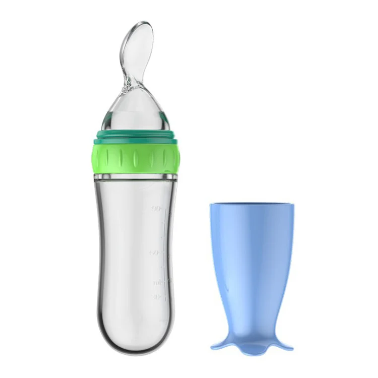 90ml silicone spoon feeder standing upright on a table with cap and spoon attached