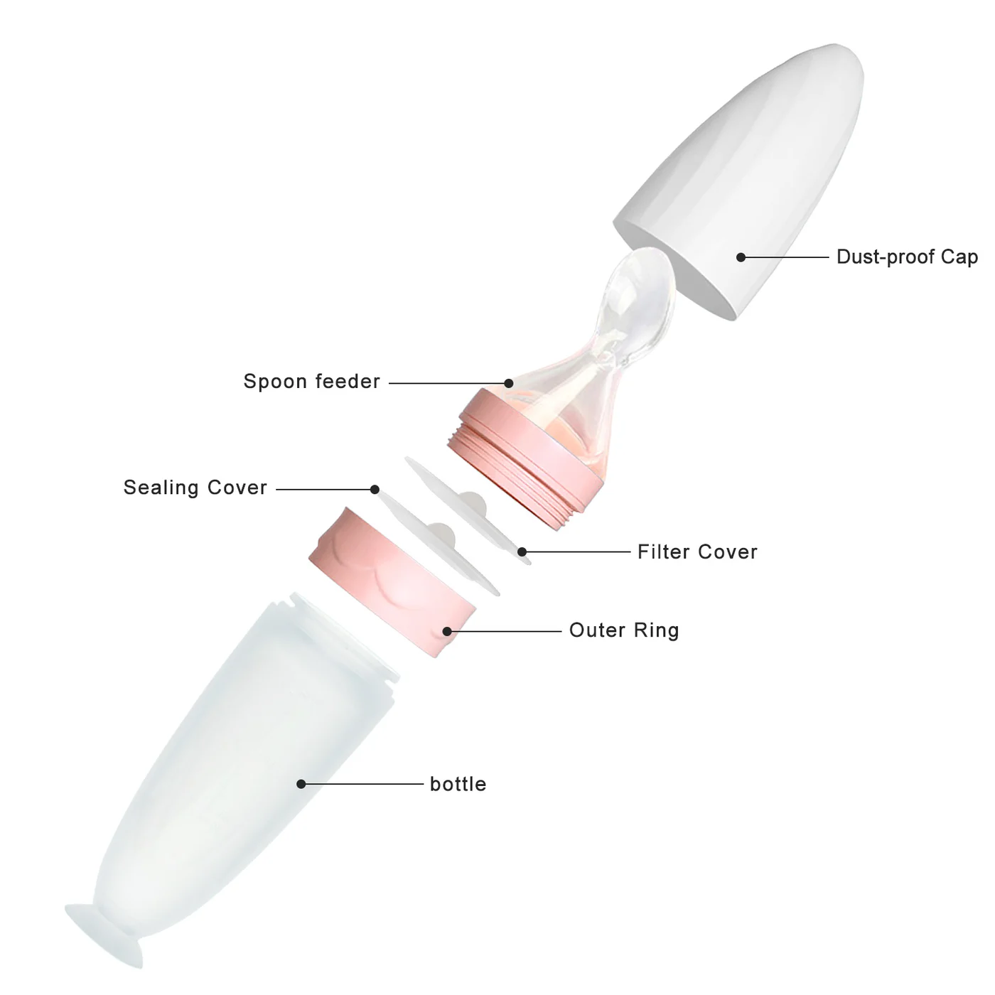 Silicone spoon feeder with the lid closed and sealing cover in place