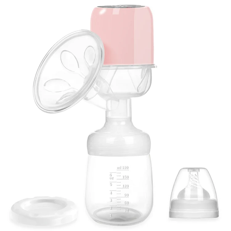 Portable electric breast pump in white with wide mouth nipple attached to a 180ml bottle