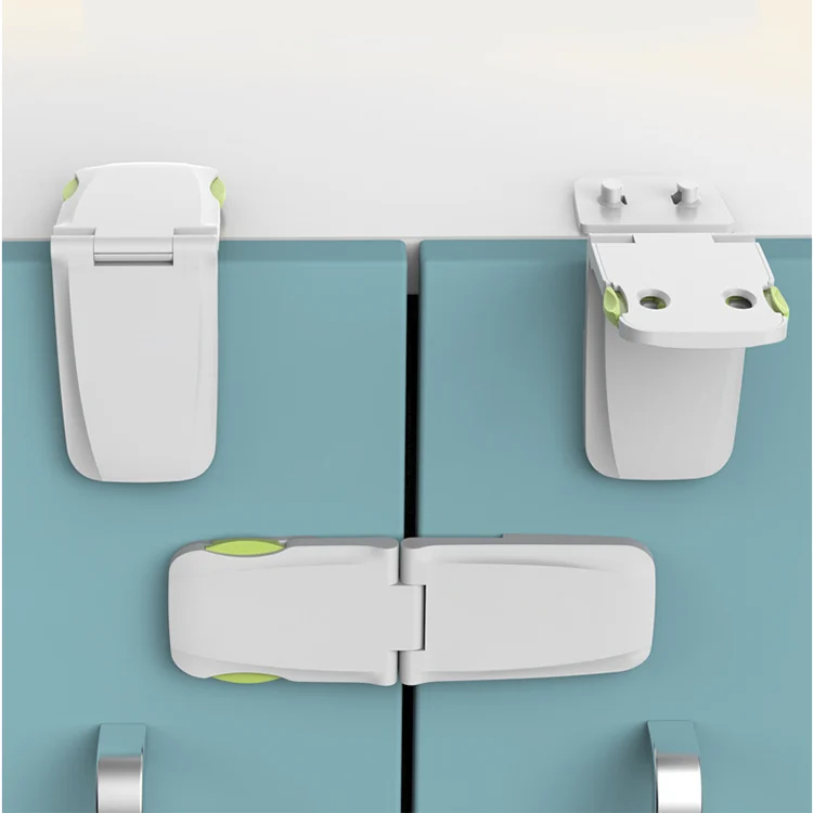 Grey 270-degree rotating safety lock on a cabinet door