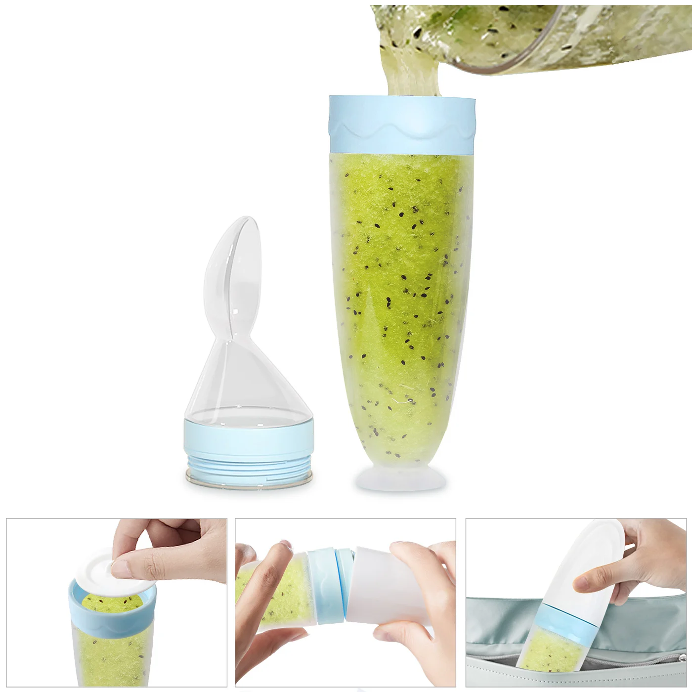 Silicone spoon feeder in use, feeding a baby with one hand