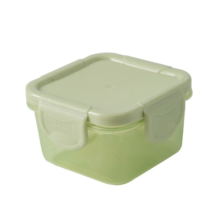 Blue plastic baby food storage box with lid closed, standing upright