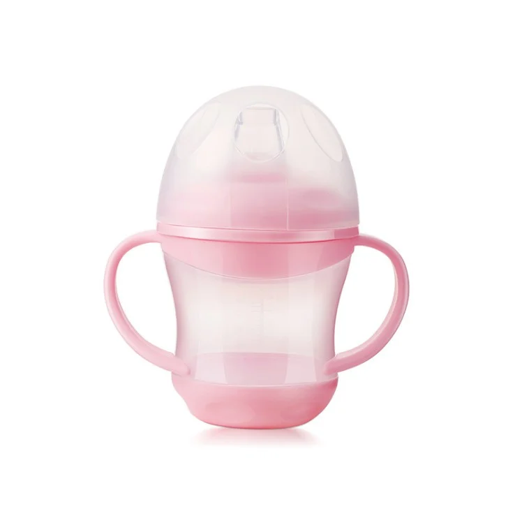 White 160ml baby feeding bottle with wide mouth and attached lid