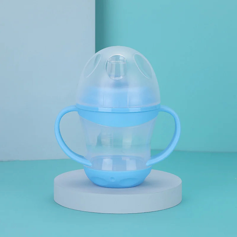Blue 160ml baby feeding bottle with silicone spout and open lid