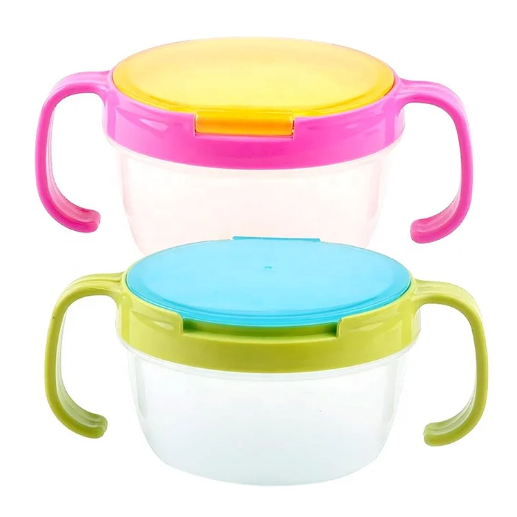 Pink PP children snack container with two handles and soft spiral flap under the lid