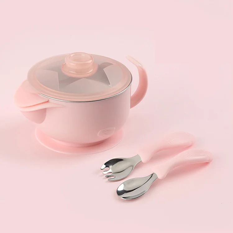 Blue 3-piece baby feeding set with stainless steel bowl, cup, spoon, and fork, all in a colour box