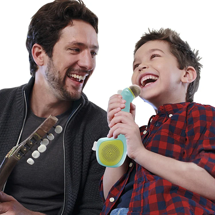 Purple kids audio player microphone with Bluetooth symbol and voice effect buttons