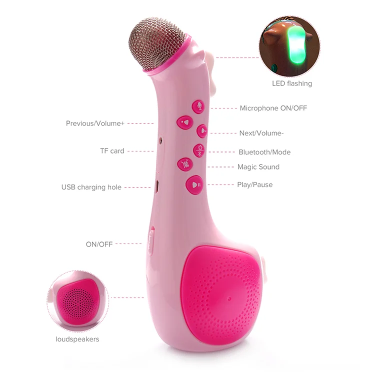 Green kids audio player microphone with the LED lights glowing in different patterns