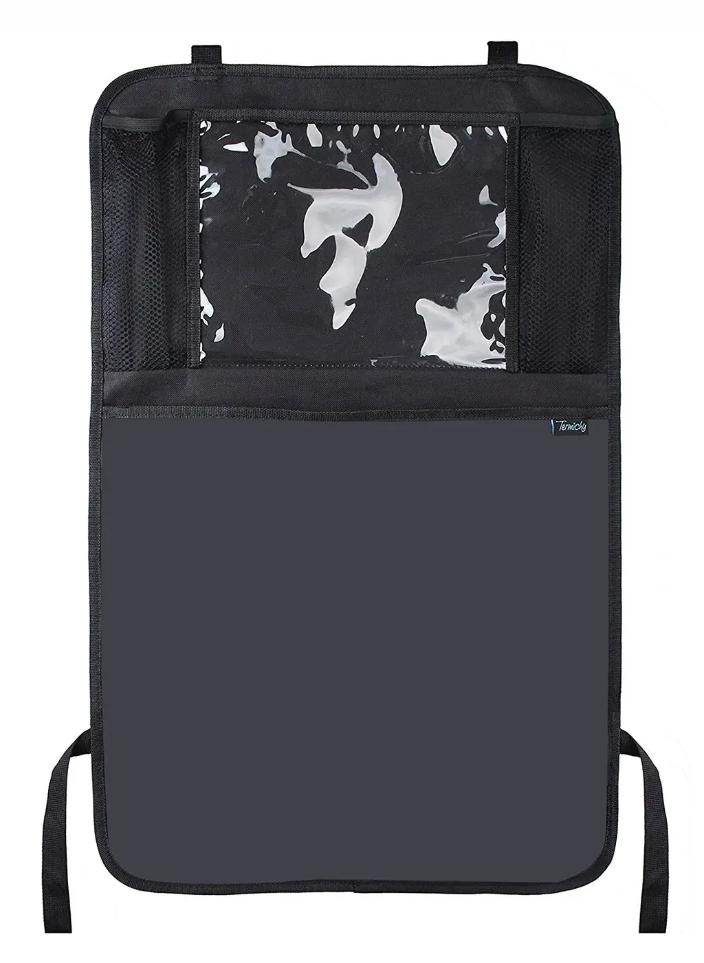 Car seat back protector organizer with tablet holder, showing the front view and side mesh bags