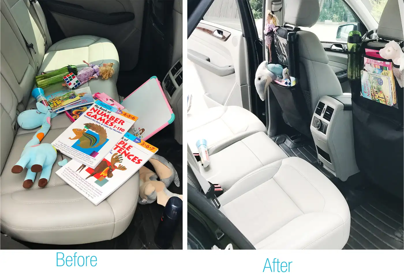 Organizer placed on a car seat, secured with straps, with a tablet in the holder