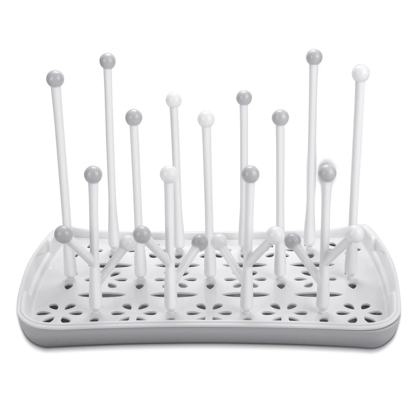 Green grey baby bottle drying rack standing upright with upright slots and removable drip tray
