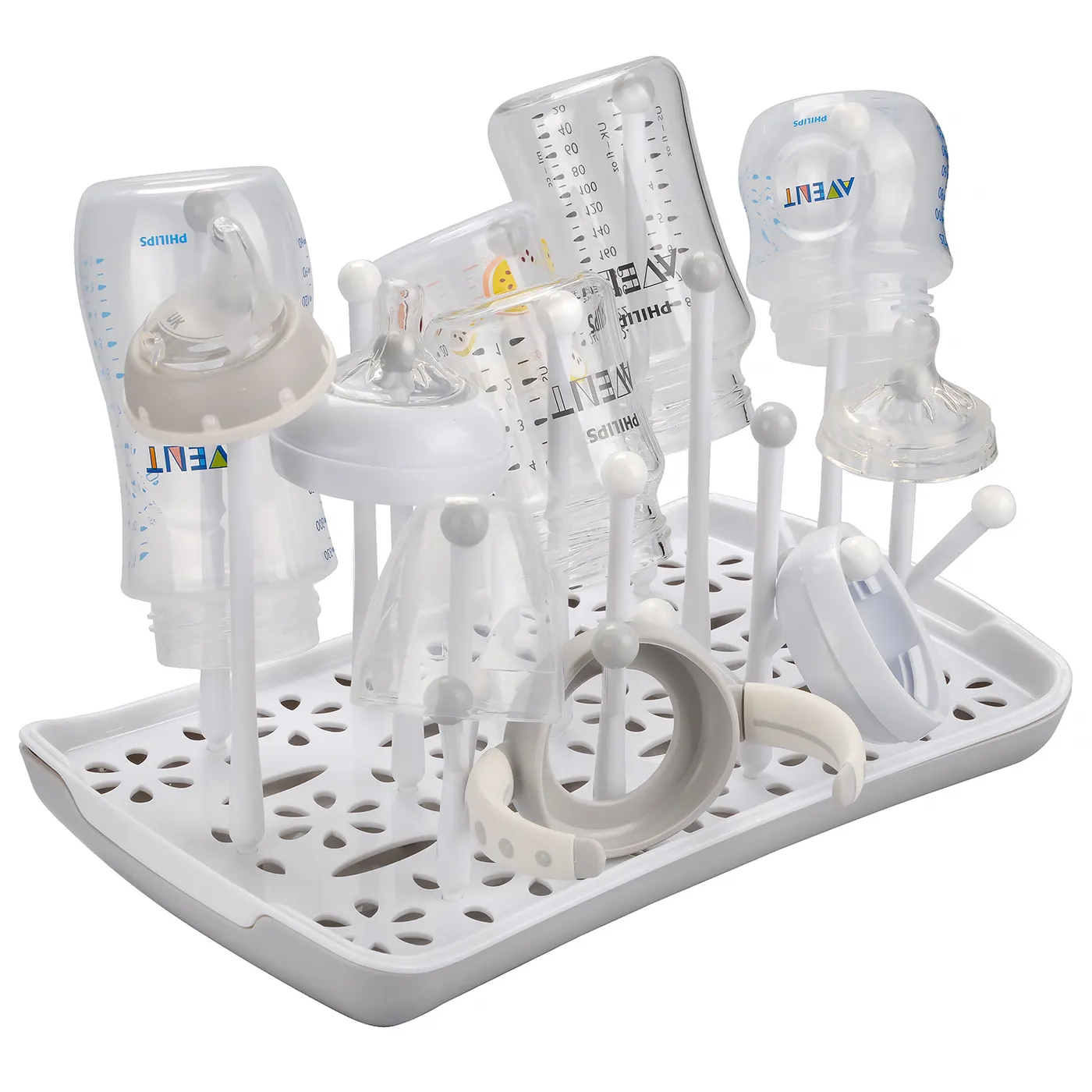 Grey baby bottle drying rack with the drip tray removed, showing the base and bottle slots