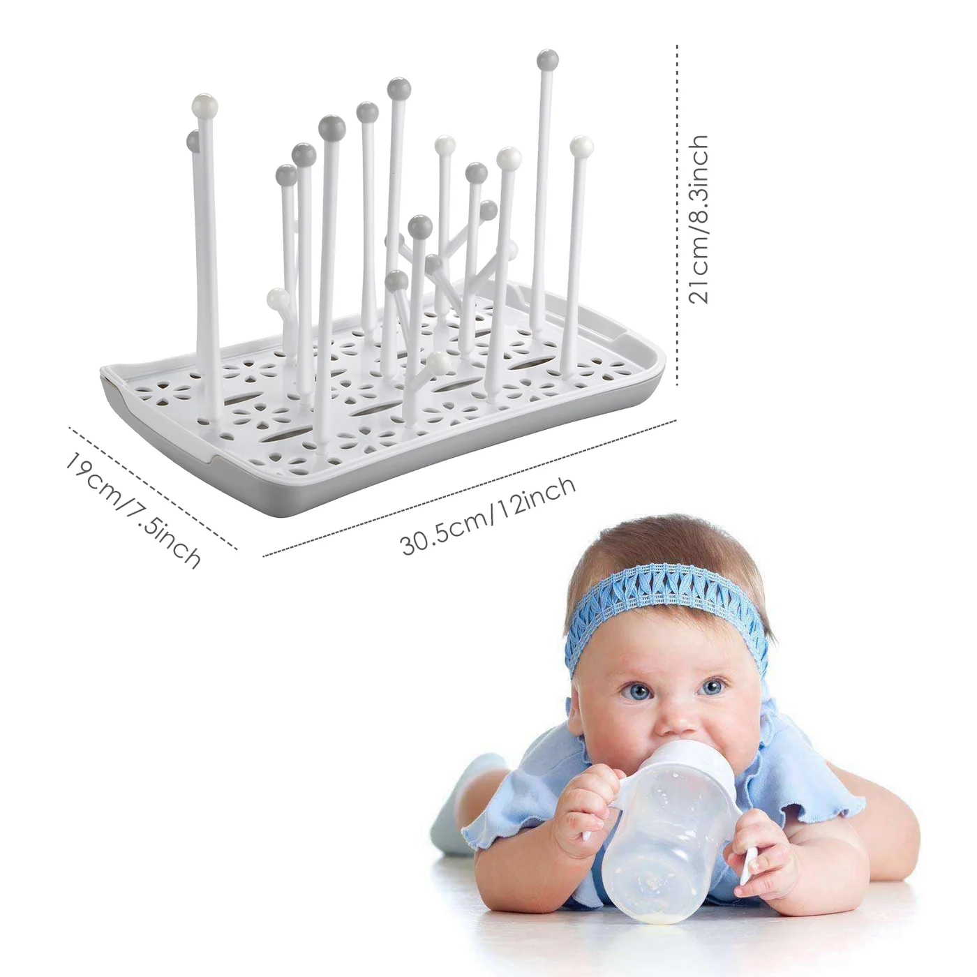 Baby bottle drying rack with bottles and nipples placed in the upright slots