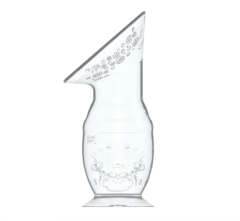 White silicone manual breast pump with a general caliber mouth, standing upright
