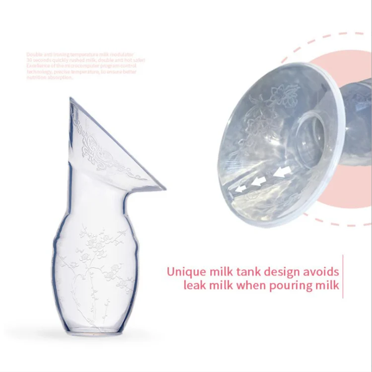 Silicone breast pump in use on a breast, demonstrating suction