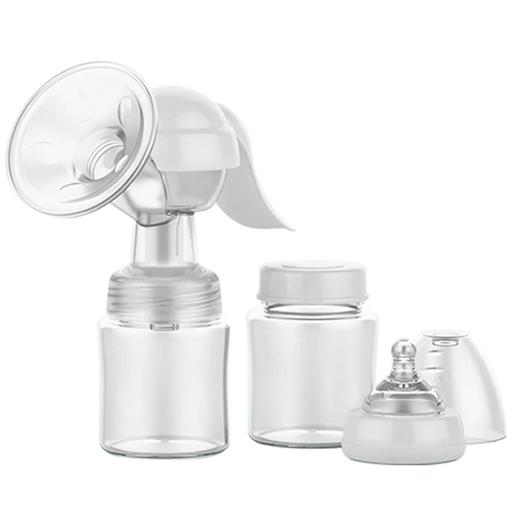 Breast pump assembled with shield and tubing, showing manual operation