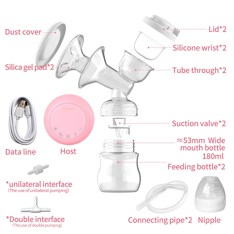 Pump in use with a mother wearing the hands-free bra attachment