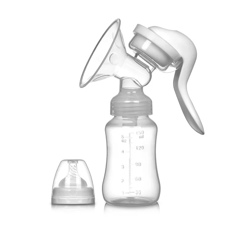 Single silicone suction manual breast pump in white with ergonomic handle