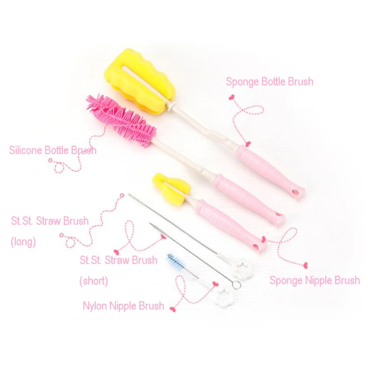 Pink 6-in-1 bottle cleaning brush standing upright with handle and sponge