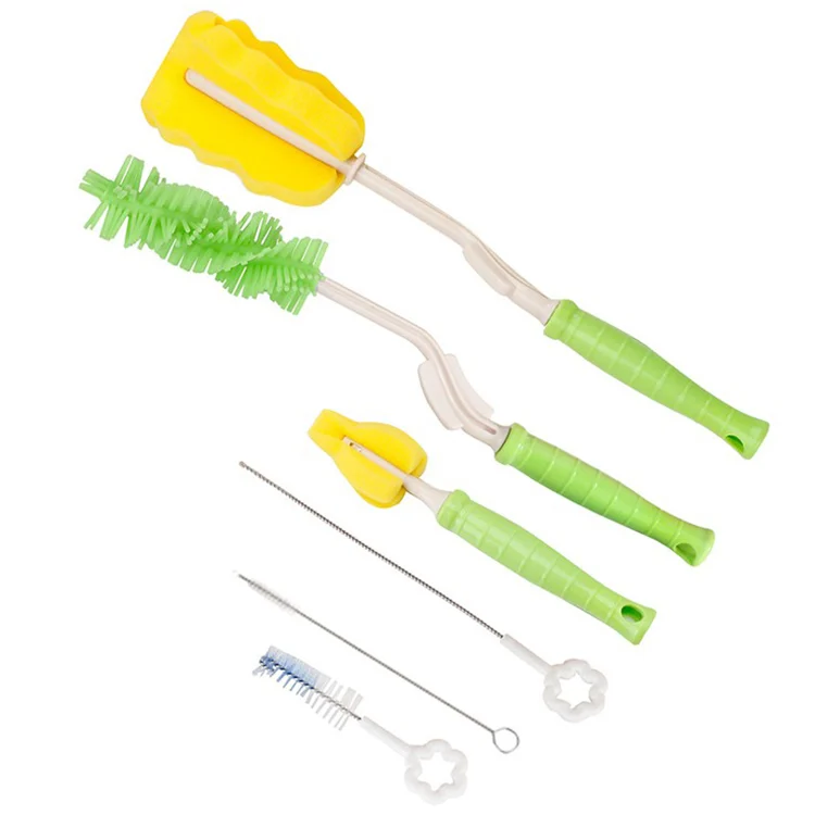Blue 6-in-1 bottle cleaning brush with silicone sponge and straw cleaner attached