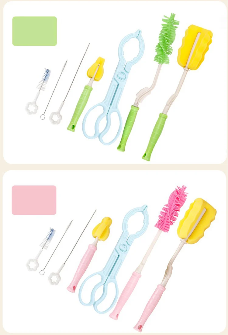 Green 7-in-1 bottle cleaner brush kit with all components laid out