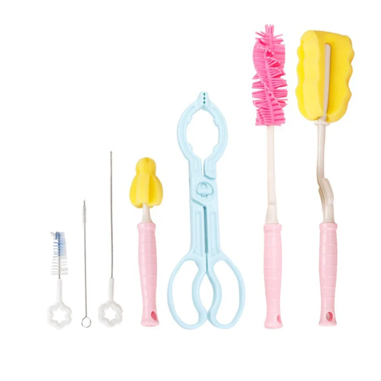 Blue 7-in-1 bottle cleaner brush kit with sponge, nipple brush, and straw cleaner