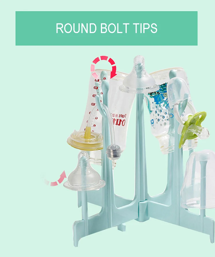 Blue baby bottle drying rack with bottles and valves on branches