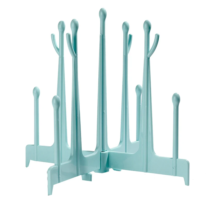 Blue baby bottle drying rack with multiple branches, standing upright