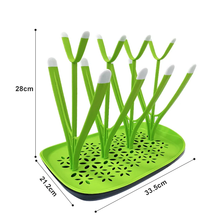 Green drying rack with arms fully extended, showing bottle support positions