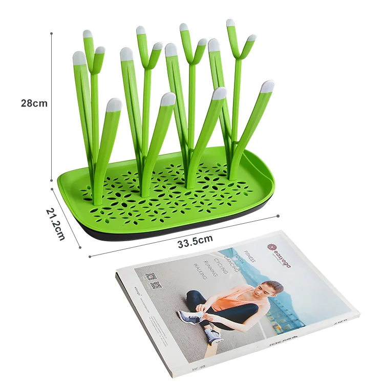 Green drying rack from the side, showing height and depth dimensions